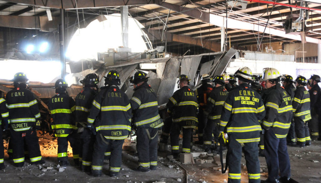 collapse firemen fire department dangerous building unsafe safety workers construction rescue